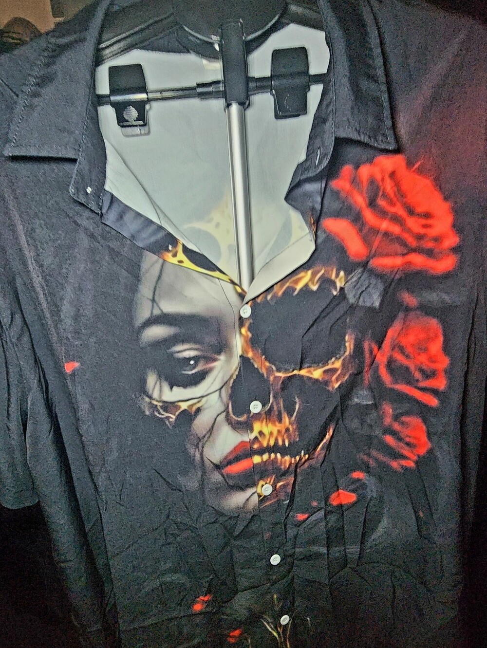 Gothic Day of the Dead Split Face Skull Rose Collared Graphic Shirt - Size 4XL
